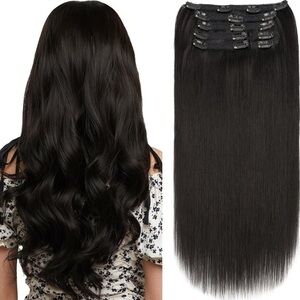 ⭐️ 16” Nat Black Clip in Human Hair Extensions Lace Weft Full Head 7pc 110g KL7